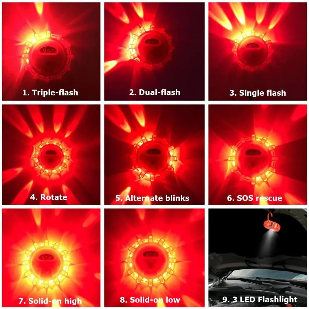 USB Rechargeable LED Road Flares Emergency Lights-Roadside Warning Car Safety Beacon Flashing Disc Flare Kit with Magnetic Base for Vehicles & Boat | 6 Beacon Disc Pack