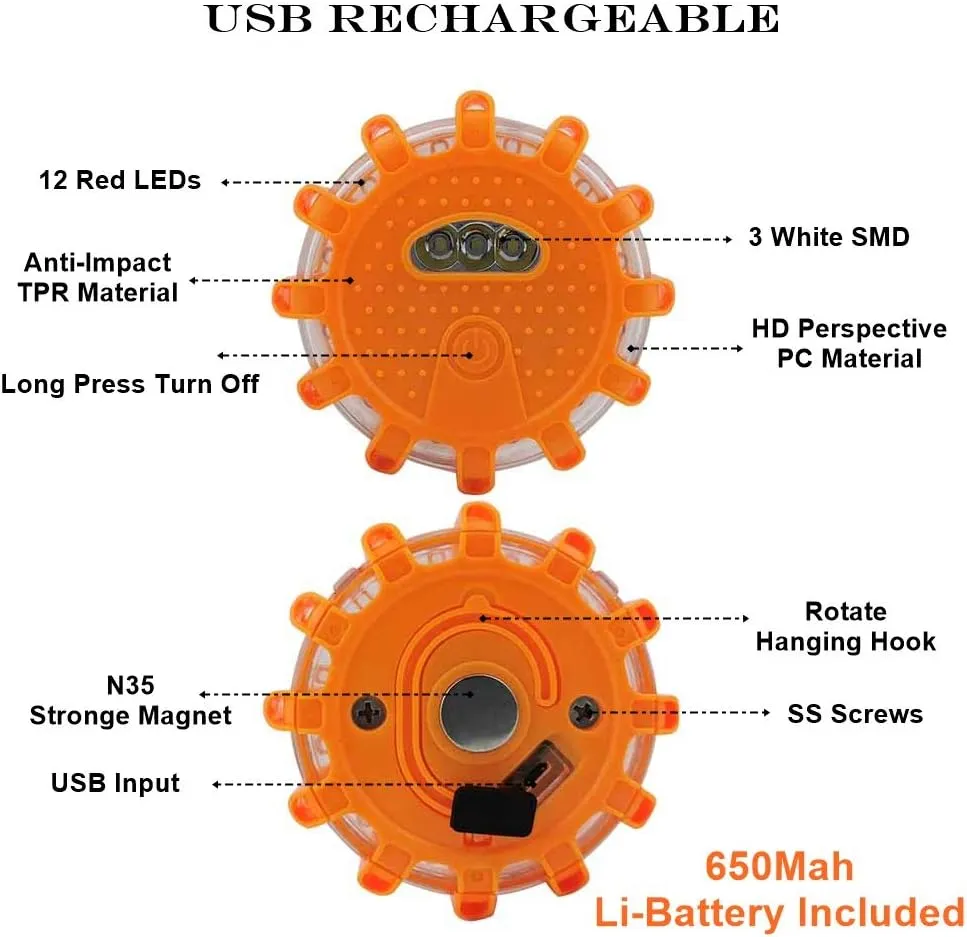 USB Rechargeable LED Road Flares Emergency Lights-Roadside Warning Car Safety Beacon Flashing Disc Flare Kit with Magnetic Base for Vehicles & Boat | 6 Beacon Disc Pack