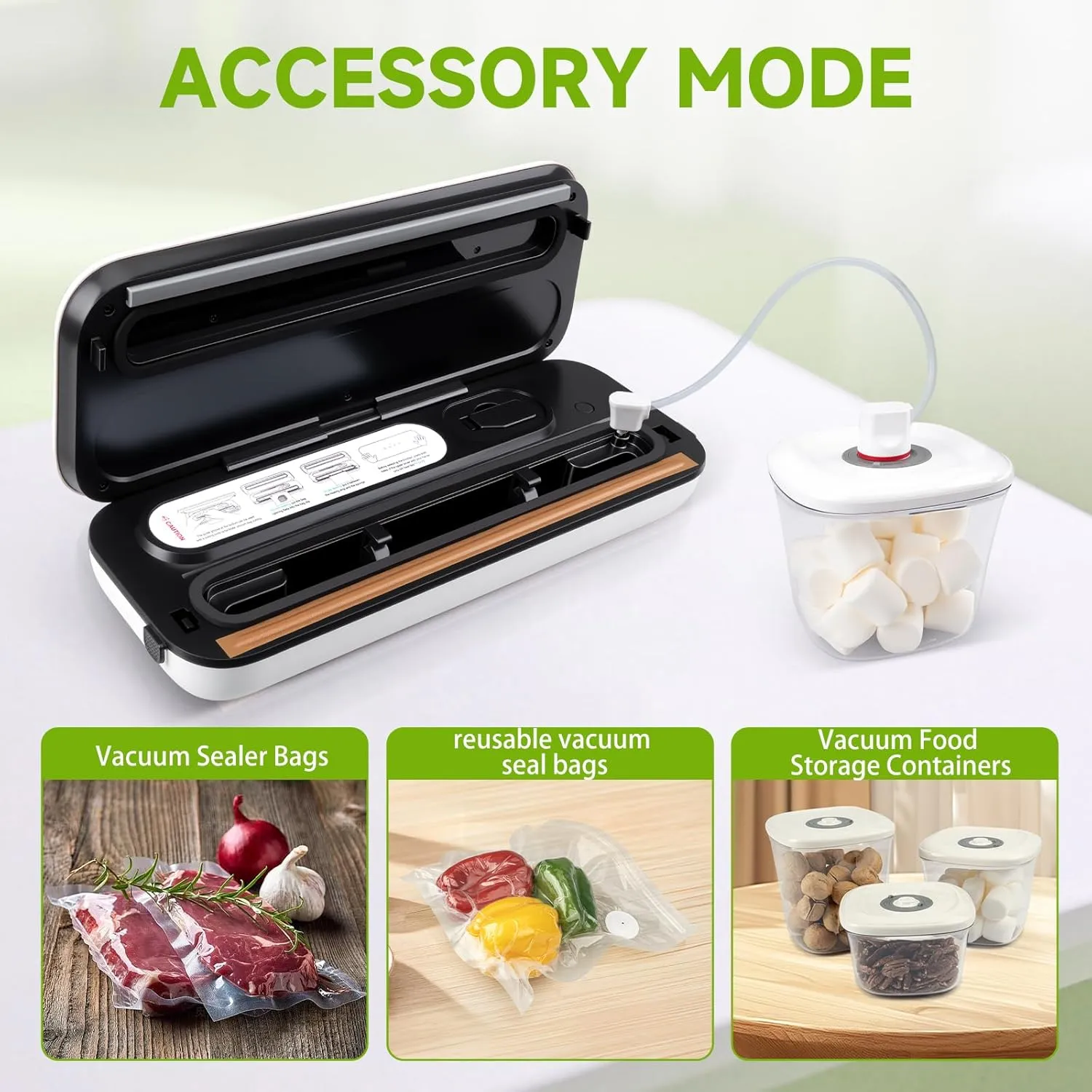 Vacuum Sealer for Food Powerful Suction, Compact Design, Vacuum Mode, Dry Mode, Seal Mode, Digital Display, Includes 30 Vacuum Bags and Built-in Cutter（White）