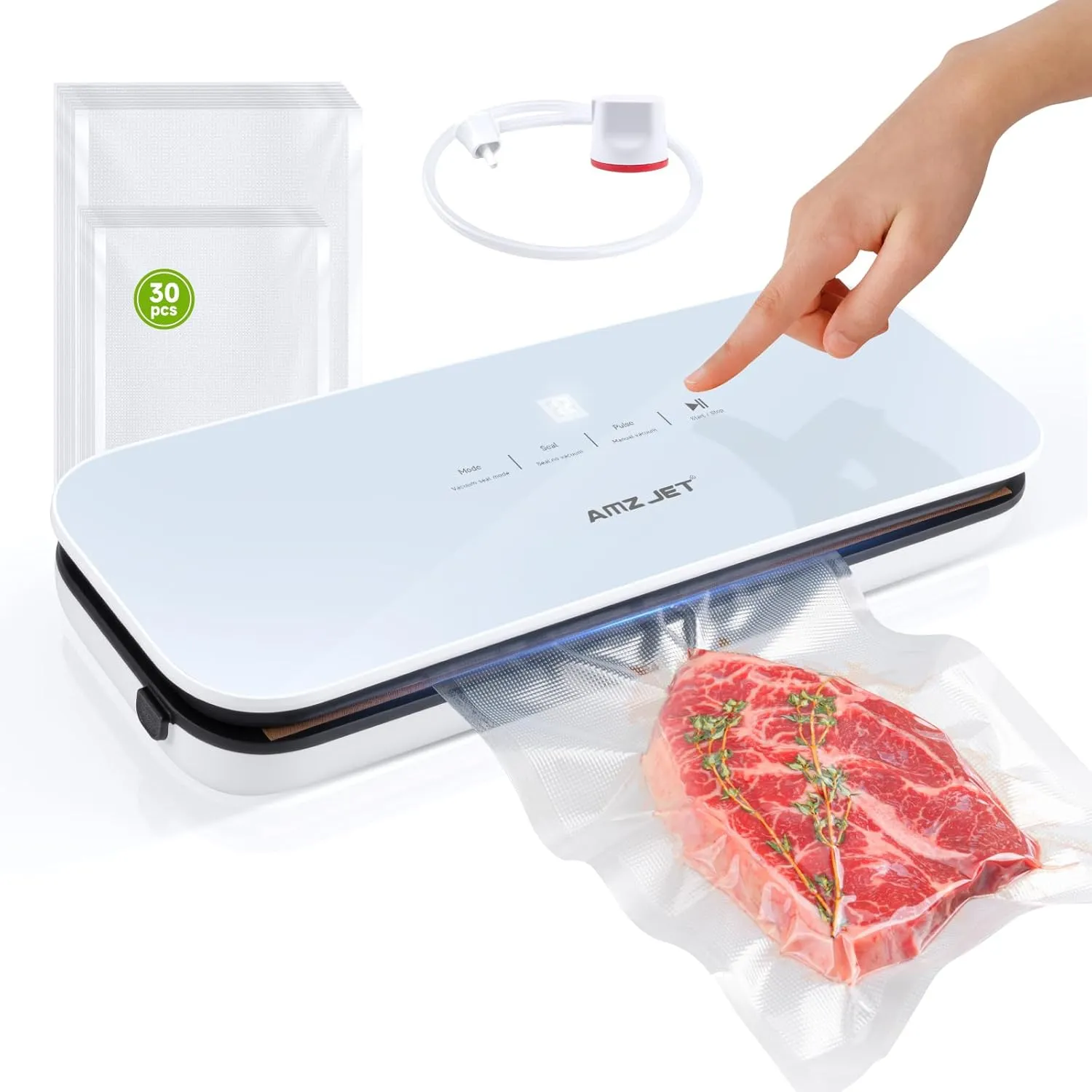 Vacuum Sealer for Food Powerful Suction, Compact Design, Vacuum Mode, Dry Mode, Seal Mode, Digital Display, Includes 30 Vacuum Bags and Built-in Cutter（White）