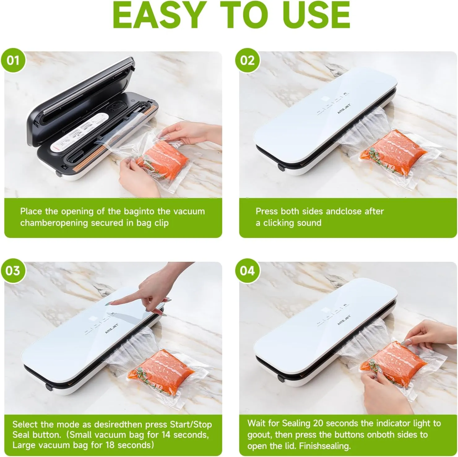 Vacuum Sealer for Food Powerful Suction, Compact Design, Vacuum Mode, Dry Mode, Seal Mode, Digital Display, Includes 30 Vacuum Bags and Built-in Cutter（White）