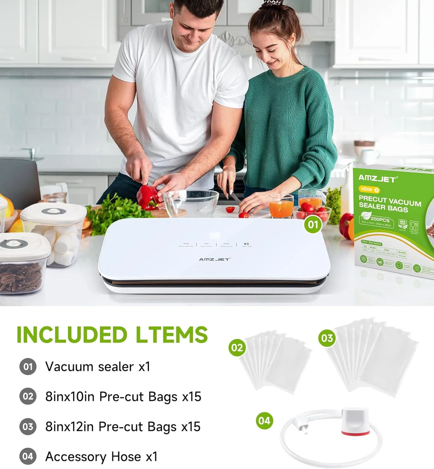 Vacuum Sealer for Food Powerful Suction, Compact Design, Vacuum Mode, Dry Mode, Seal Mode, Digital Display, Includes 30 Vacuum Bags and Built-in Cutter（White）