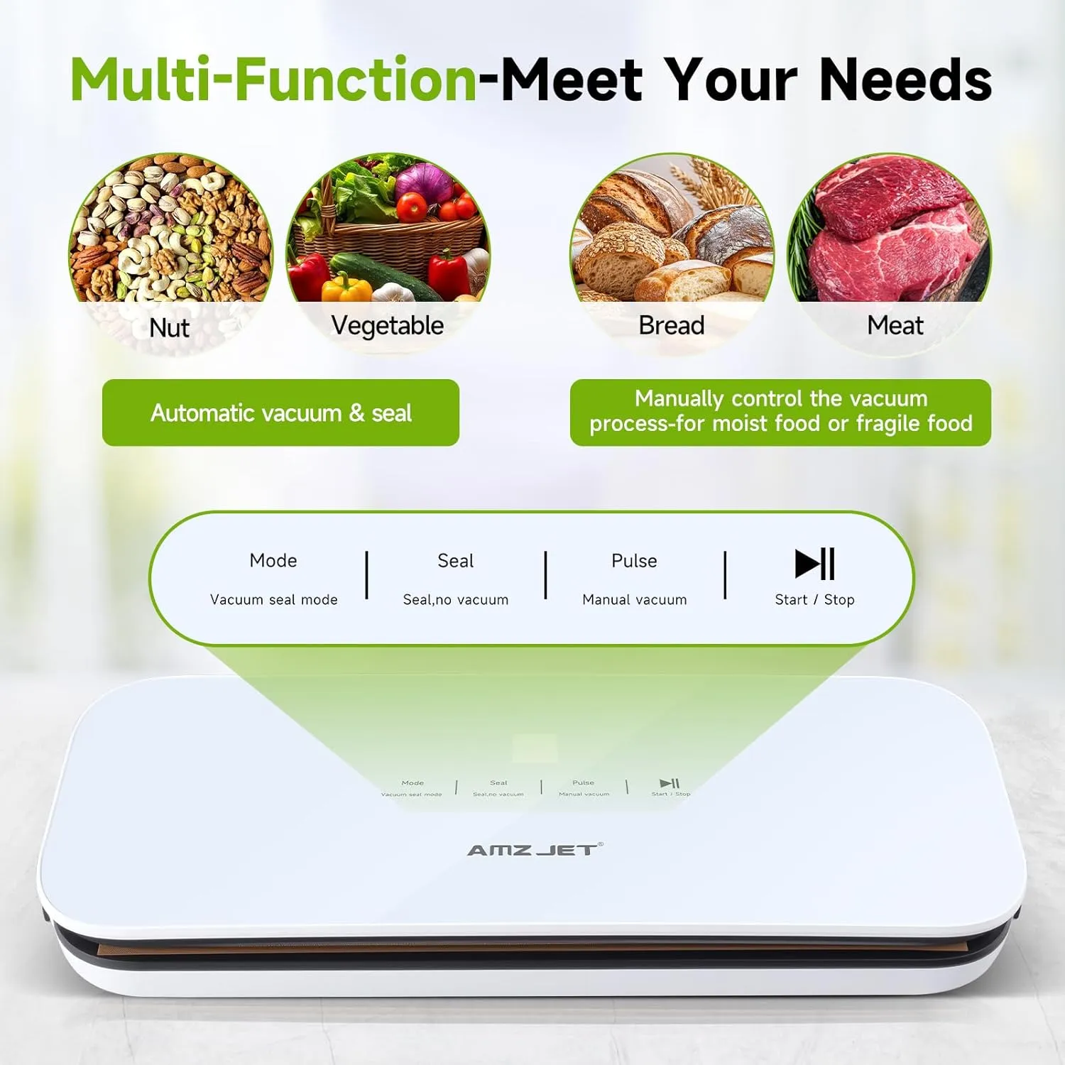 Vacuum Sealer for Food Powerful Suction, Compact Design, Vacuum Mode, Dry Mode, Seal Mode, Digital Display, Includes 30 Vacuum Bags and Built-in Cutter（White）