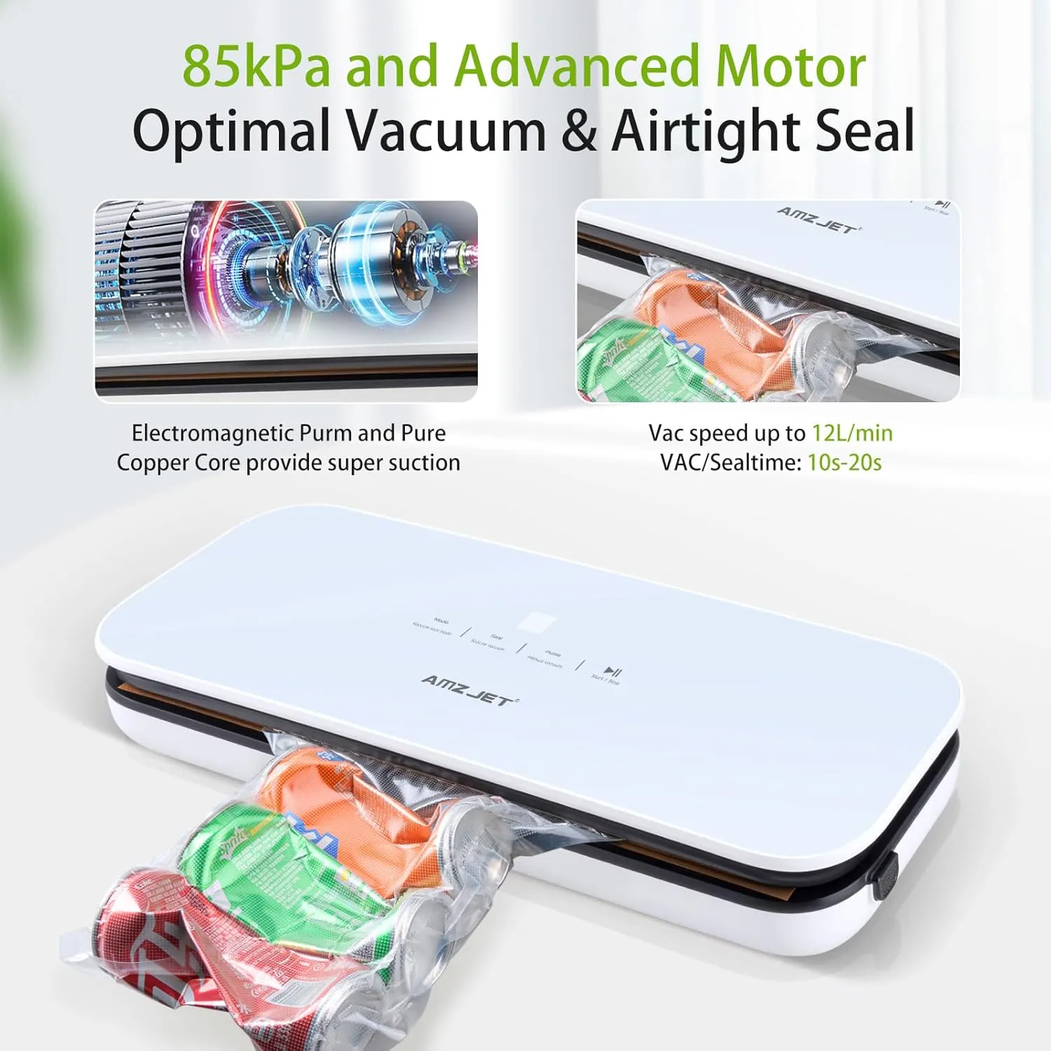Vacuum Sealer for Food Powerful Suction, Compact Design, Vacuum Mode, Dry Mode, Seal Mode, Digital Display, Includes 30 Vacuum Bags and Built-in Cutter（White）