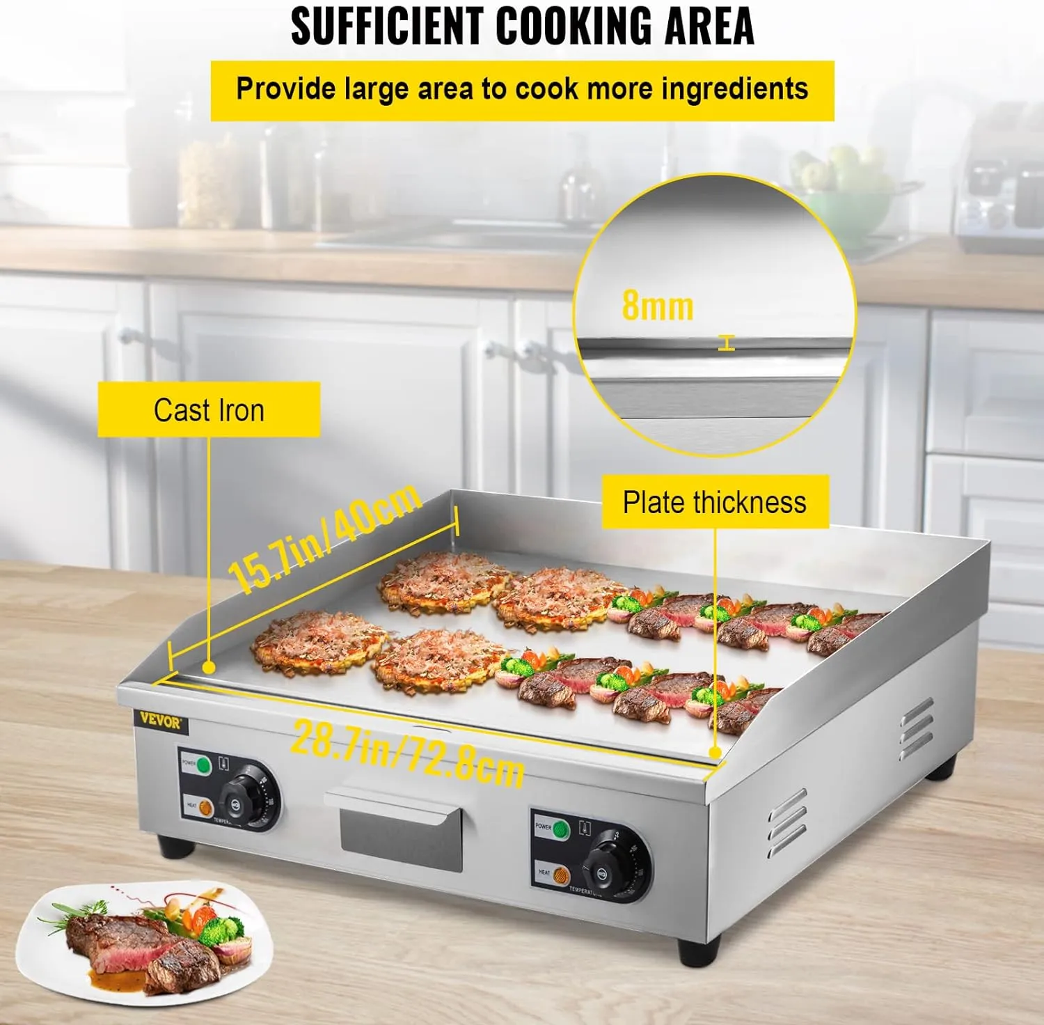 VEVOR 30" Commercial Electric Griddle 3000W Electric Countertop Griddle Non-Stick Restaurant 110V Teppanyaki Flat Top Grill Stainless Steel Adjustable Temperature Control 122°F-572°F (NO PLUG)
