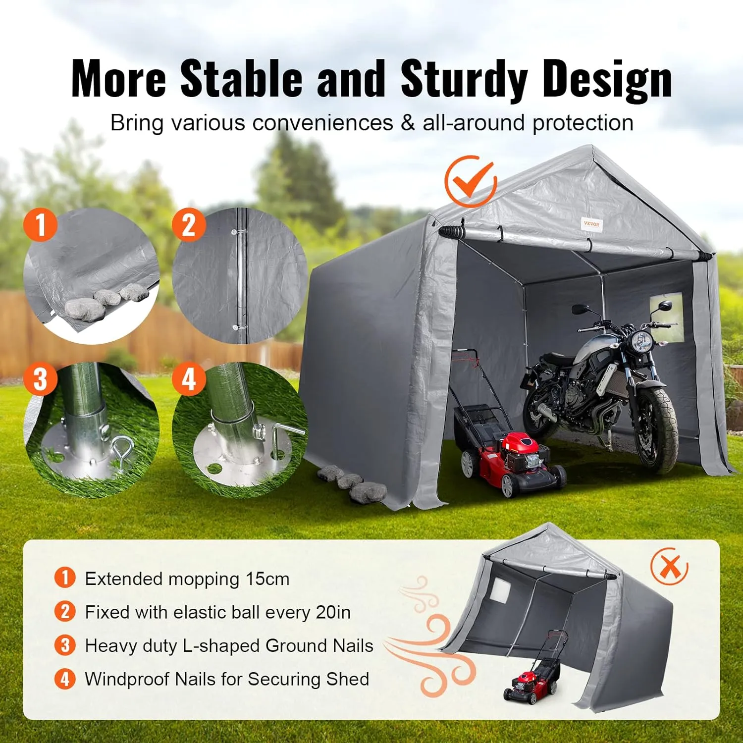 VEVOR Heavy-Duty Waterproof Outdoor Storage Shelter, Gray Gable Roof Portable Shed & Motorcycle Tent with Galvanized Frame - Multi-Size (6x8/7x12/8x14/10x10/10x15) ft for Patio, Bike, Garden Tools