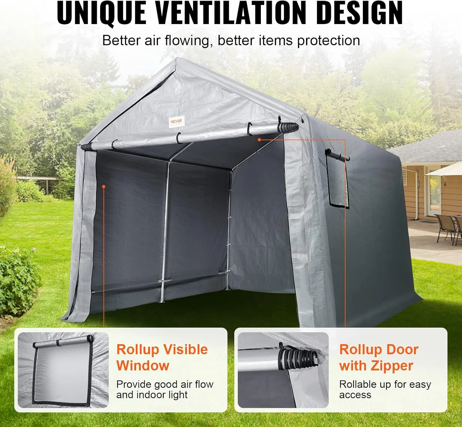 VEVOR Heavy-Duty Waterproof Outdoor Storage Shelter, Gray Gable Roof Portable Shed & Motorcycle Tent with Galvanized Frame - Multi-Size (6x8/7x12/8x14/10x10/10x15) ft for Patio, Bike, Garden Tools