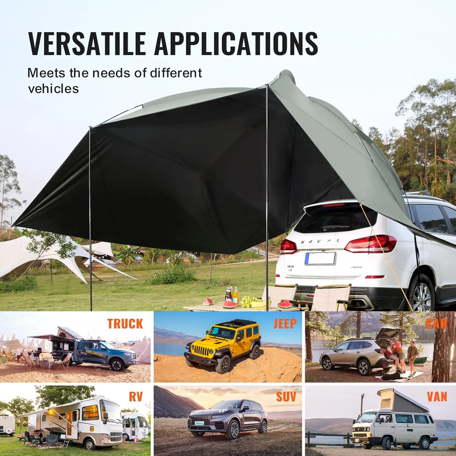 VEVOR Versatility Camping Tent - Moonshade Awning Auto Canopy with UV50  Protection & PU3000mm Water Resistance, Ideal for Truck Bed, SUV, RV, Van, and Trailer Overlanding Gear, Tear-Resistant