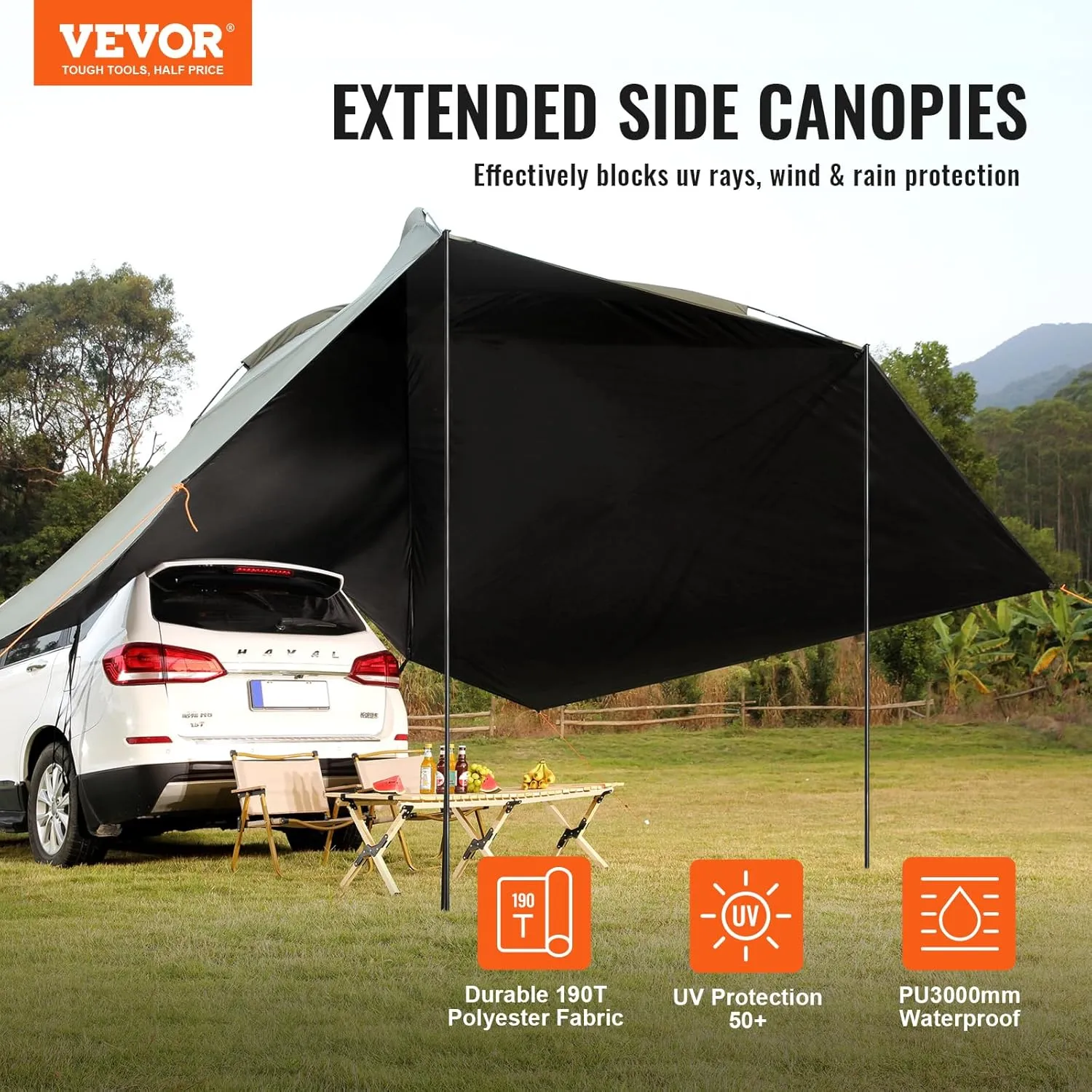 VEVOR Versatility Camping Tent - Moonshade Awning Auto Canopy with UV50  Protection & PU3000mm Water Resistance, Ideal for Truck Bed, SUV, RV, Van, and Trailer Overlanding Gear, Tear-Resistant