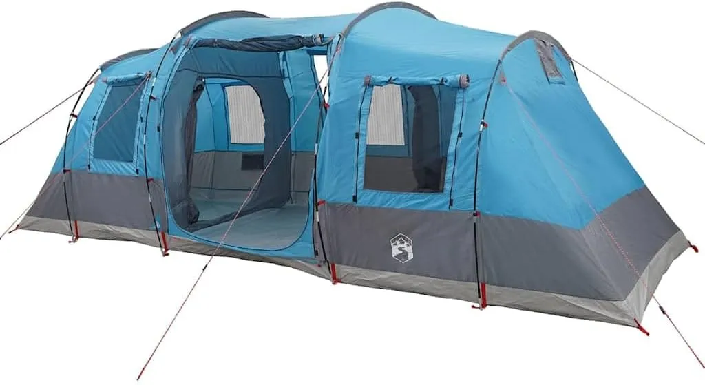 vidaxl Camping Tent 4-Person Tunnel Waterproof Blue Outdoor Shelter E-Port Double Zippered Access 2 Bedrooms 3 Doors 5 Windows