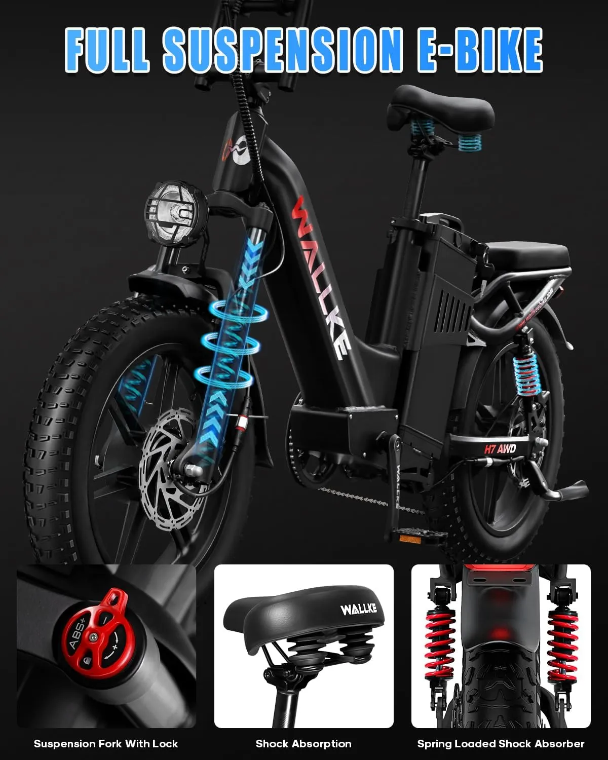 W Wallke AWD Dual Motor Electric Bike for Adults, UL2849 Certified, 48V 60Ah Battery Cell Brand Sam-Sung, 200 Miles, App Control 35MPH Fast Ebike,20" Fat Tire Mountain Offroad All Terrain E-Bike