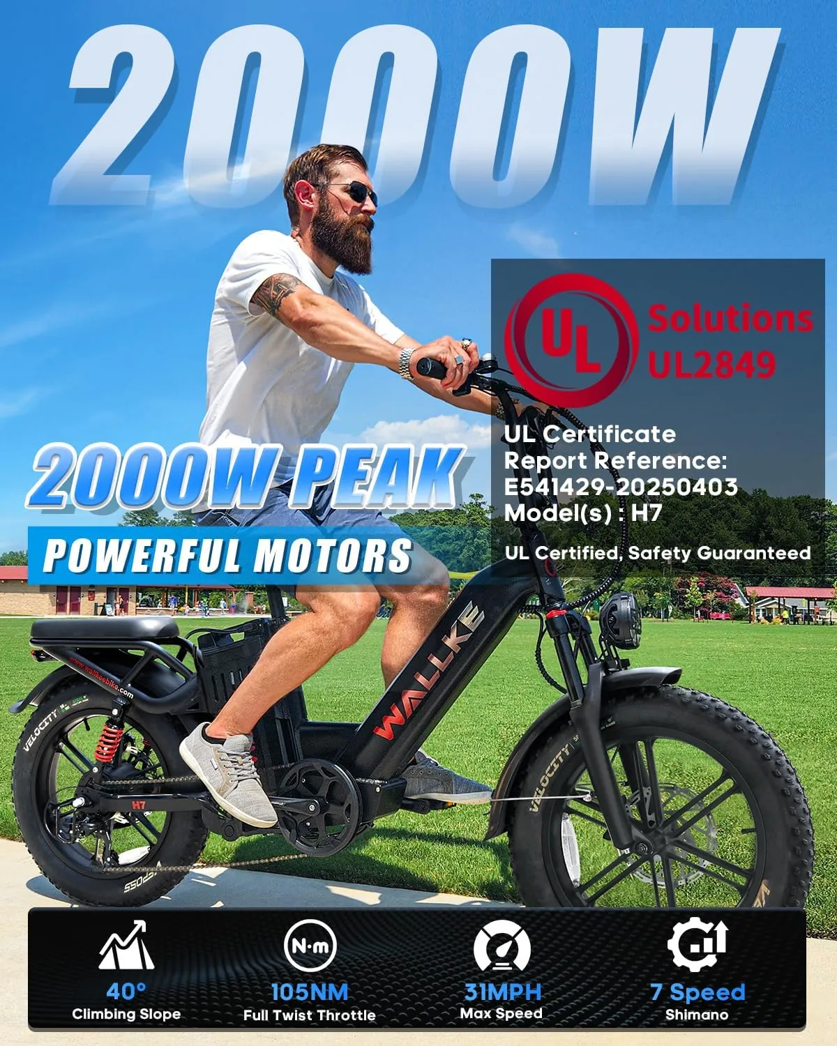W Wallke AWD Dual Motor Electric Bike for Adults, UL2849 Certified, 48V 60Ah Battery Cell Brand Sam-Sung, 200 Miles, App Control 35MPH Fast Ebike,20" Fat Tire Mountain Offroad All Terrain E-Bike