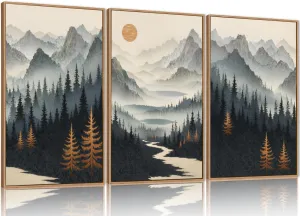 Watercolor Misty Forest Framed Canvas Wall Art Set, Foggy Mountain Wall Decor, Misty Pine Tree Wall Painting, Large Nature Landscape Art Prints for Living Room, Bedroom, Office - 16"X24"X3