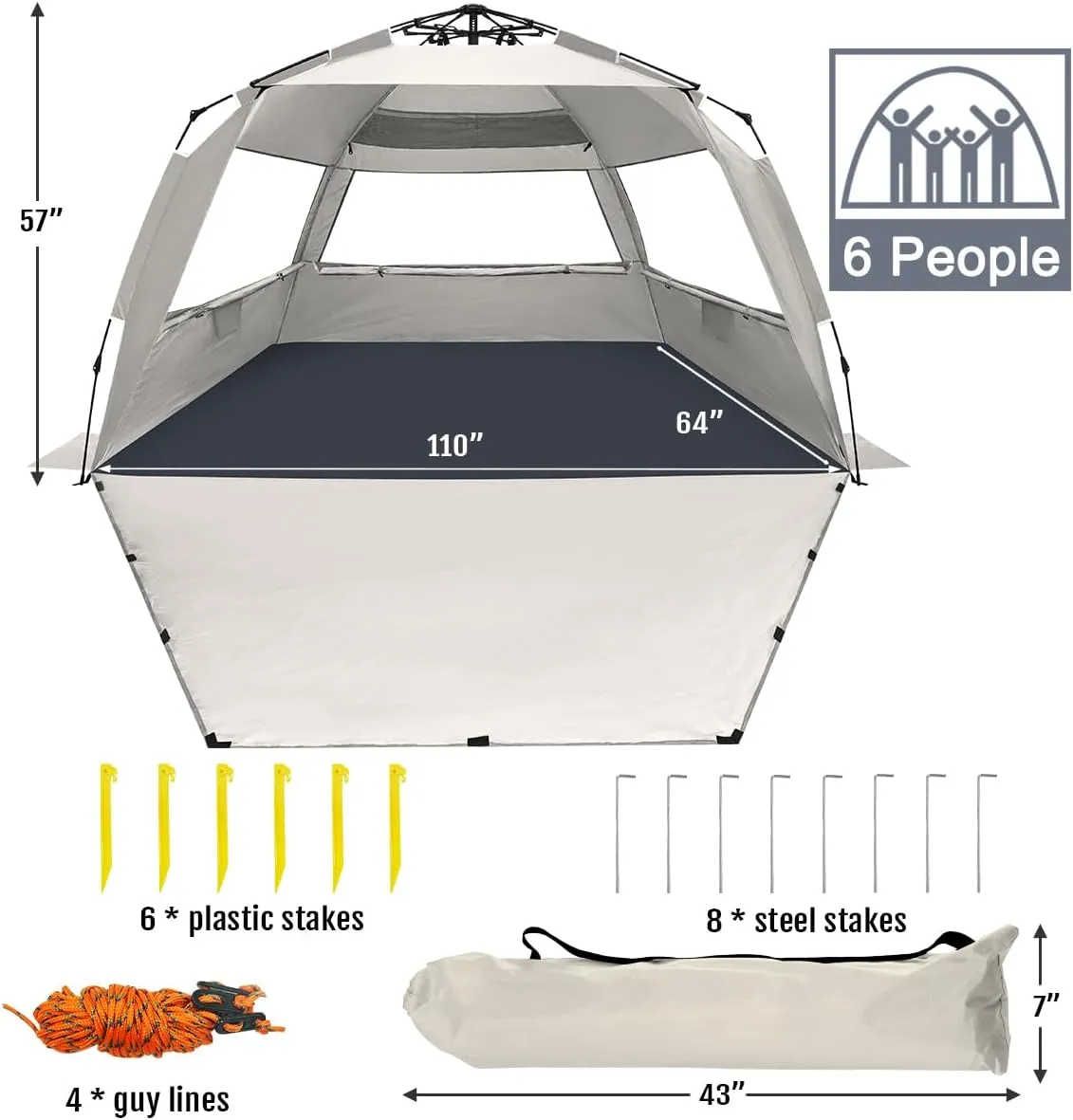 WhiteFang Deluxe Pop Up Beach Tent Sun Shade Shelter for 3-4/5-6 Person, UV Protection, Extendable Floor with 3 Ventilating Windows Plus Carrying Bag, Stakes, and Guy Lines