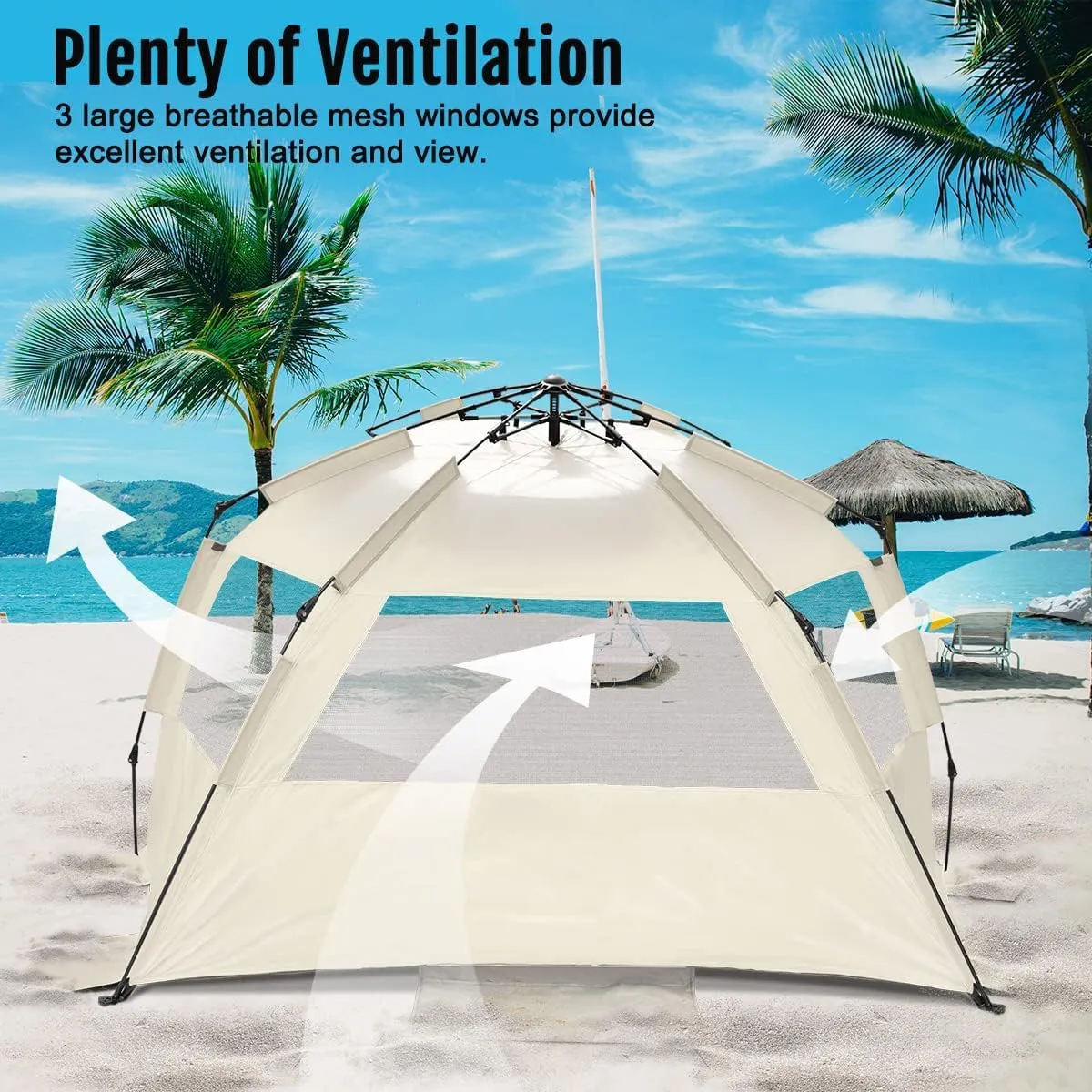 WhiteFang Deluxe Pop Up Beach Tent Sun Shade Shelter for 3-4/5-6 Person, UV Protection, Extendable Floor with 3 Ventilating Windows Plus Carrying Bag, Stakes, and Guy Lines