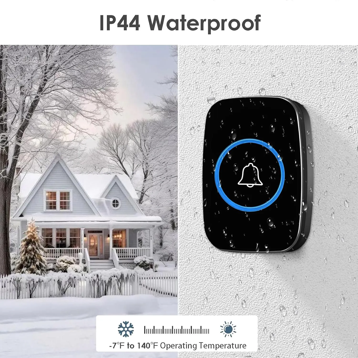 Wireless Doorbell, FullHouse Waterproof Door Bell Kit, Distinguish front and rear doors, Over 1000 feet Range and 60 Chime, 5 Levels Volume and LED Flash, for Home Office Classroom