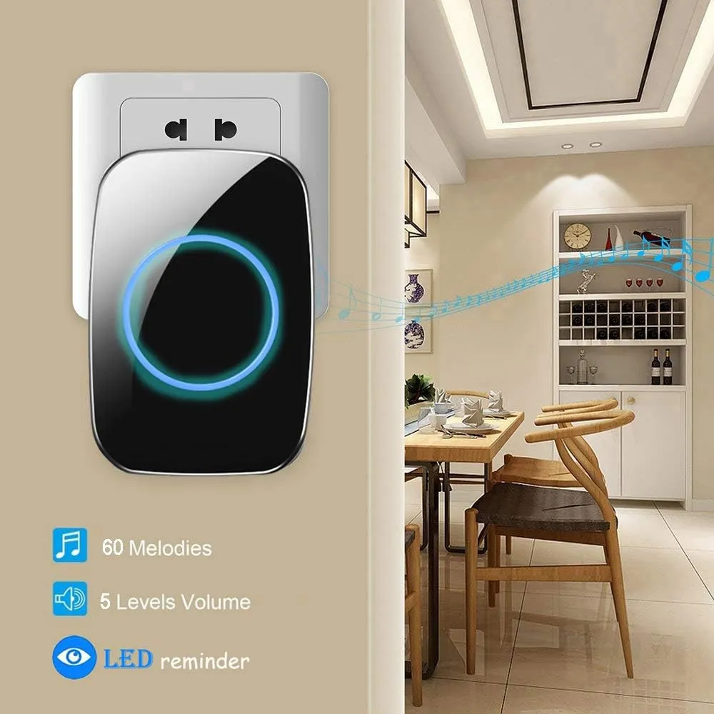 Wireless Doorbell, FullHouse Waterproof Door Bell Kit, Distinguish front and rear doors, Over 1000 feet Range and 60 Chime, 5 Levels Volume and LED Flash, for Home Office Classroom
