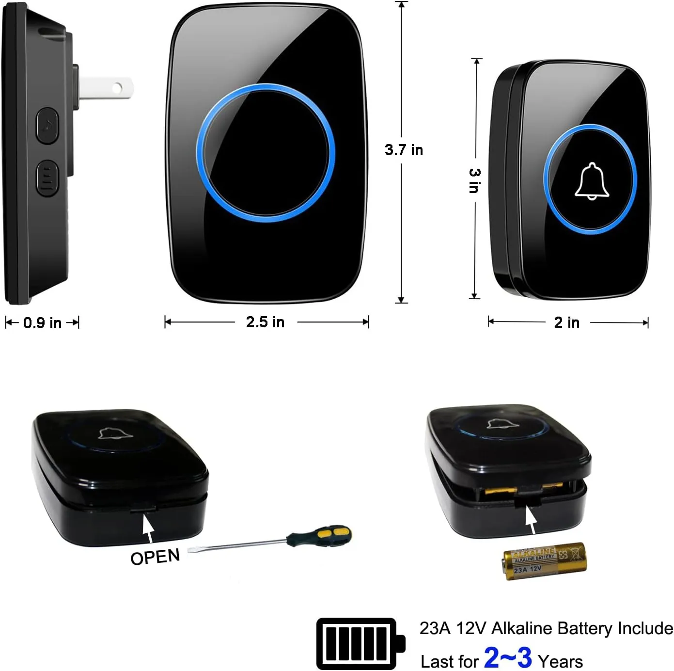 Wireless Doorbell, FullHouse Waterproof Door Bell Kit, Distinguish front and rear doors, Over 1000 feet Range and 60 Chime, 5 Levels Volume and LED Flash, for Home Office Classroom