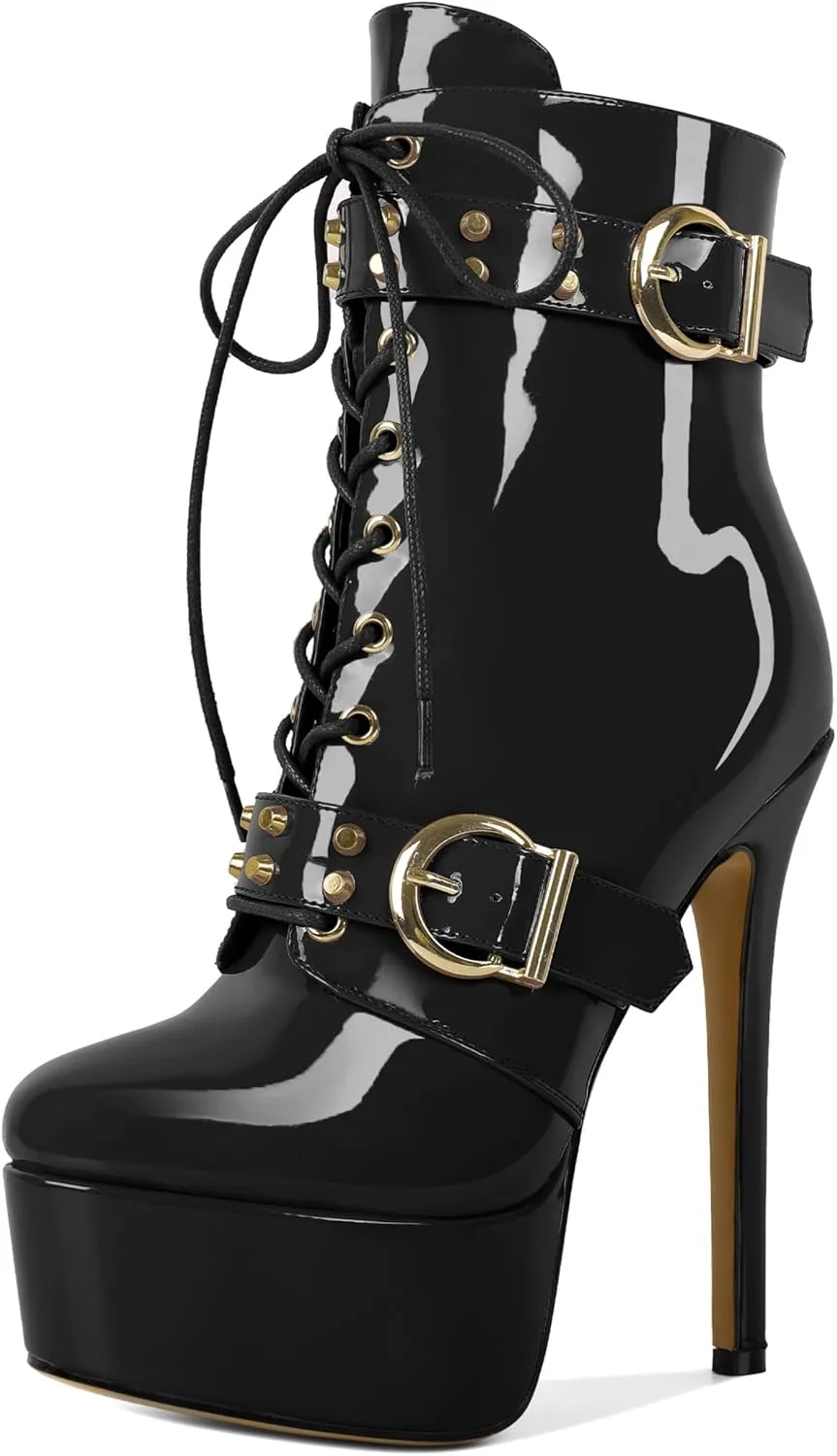 Womens High Heel Platform Boots Stiletto Ankle Boots Round Toe Lace-up Zipper Mid Calf Buckle Patent Leather 6 Inch Sexy Booties Patent Black US Size 7
