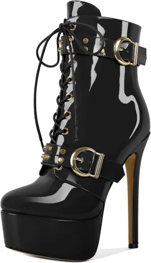 Womens High Heel Platform Boots Stiletto Ankle Boots Round Toe Lace-up Zipper Mid Calf Buckle Patent Leather 6 Inch Sexy Booties Patent Black US Size 7