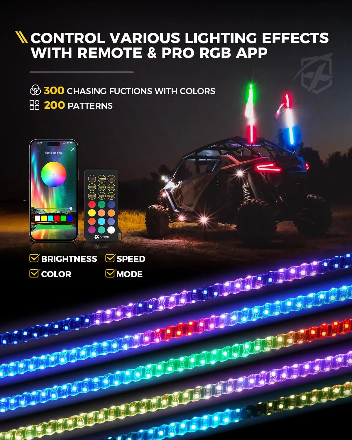 Xprite RGBW Fat Whip Lights with App & Remote Control Stop Turn Reverse Brake Lights