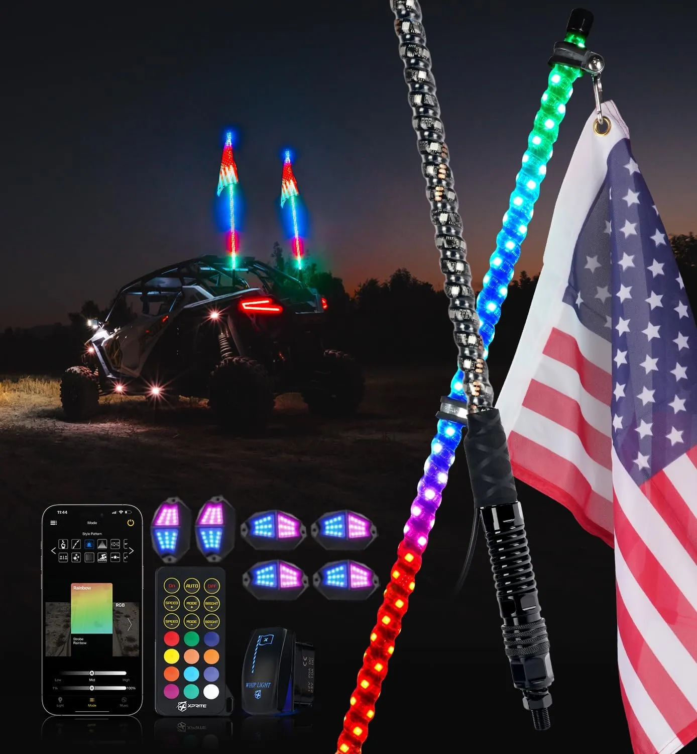 Xprite RGBW Fat Whip Lights with App & Remote Control Stop Turn Reverse Brake Lights