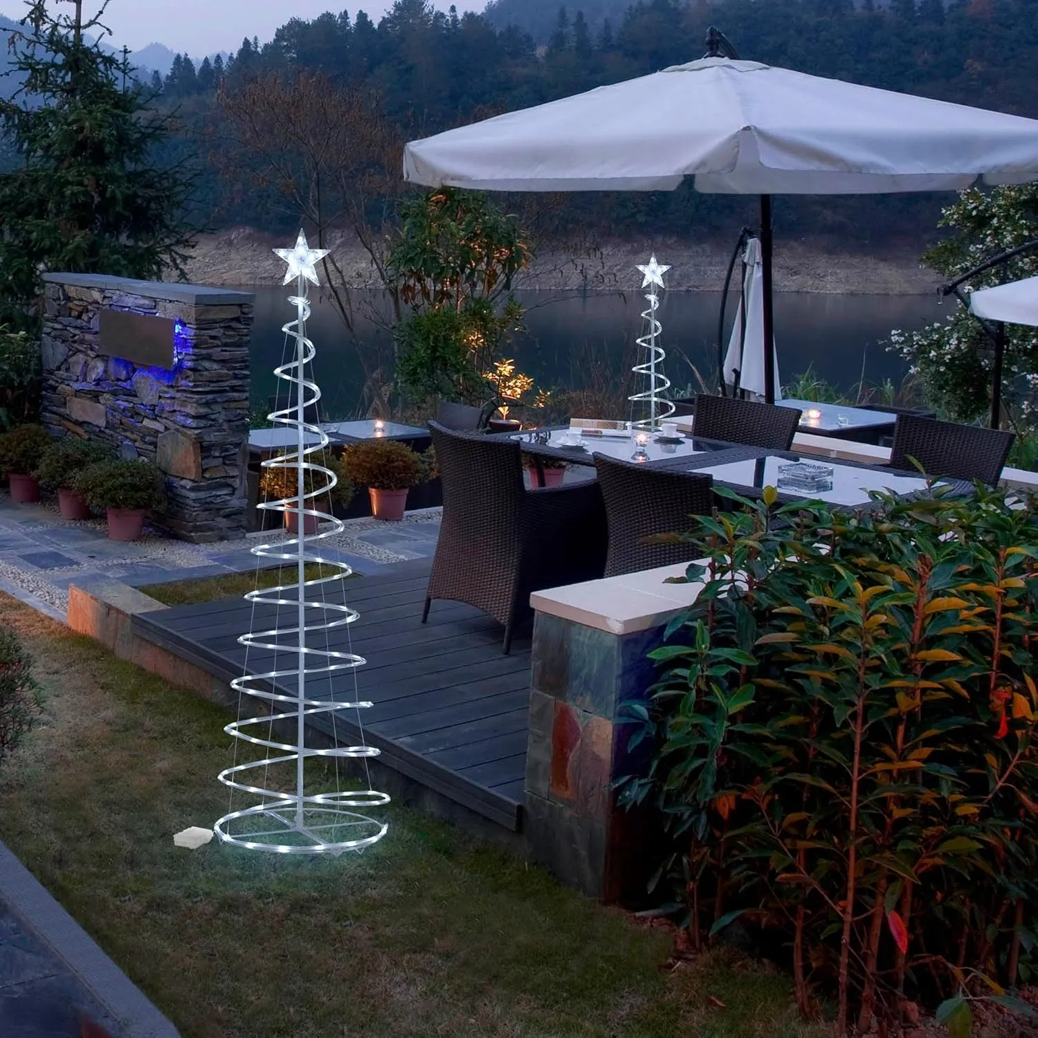 Yescom Twinkle 6Ft Spiral Christmas Tree Light 182 Pre-Lit LED 8 Model for Indoor Outdoor Patio Garden Pathway Holiday Party Event Xmas Night Decor Water Resistant with Star Topper Metal Stakes White