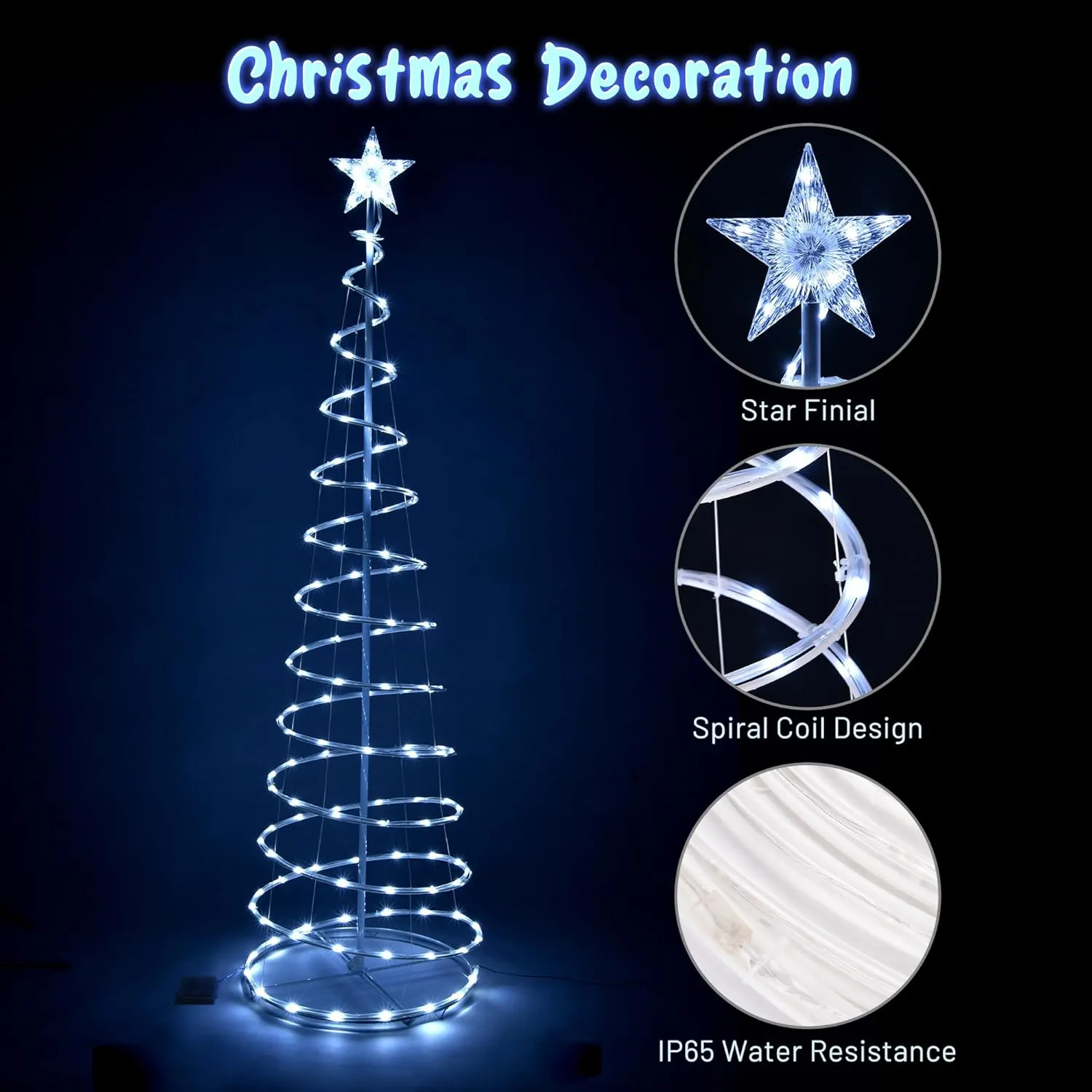 Yescom Twinkle 6Ft Spiral Christmas Tree Light 182 Pre-Lit LED 8 Model for Indoor Outdoor Patio Garden Pathway Holiday Party Event Xmas Night Decor Water Resistant with Star Topper Metal Stakes White