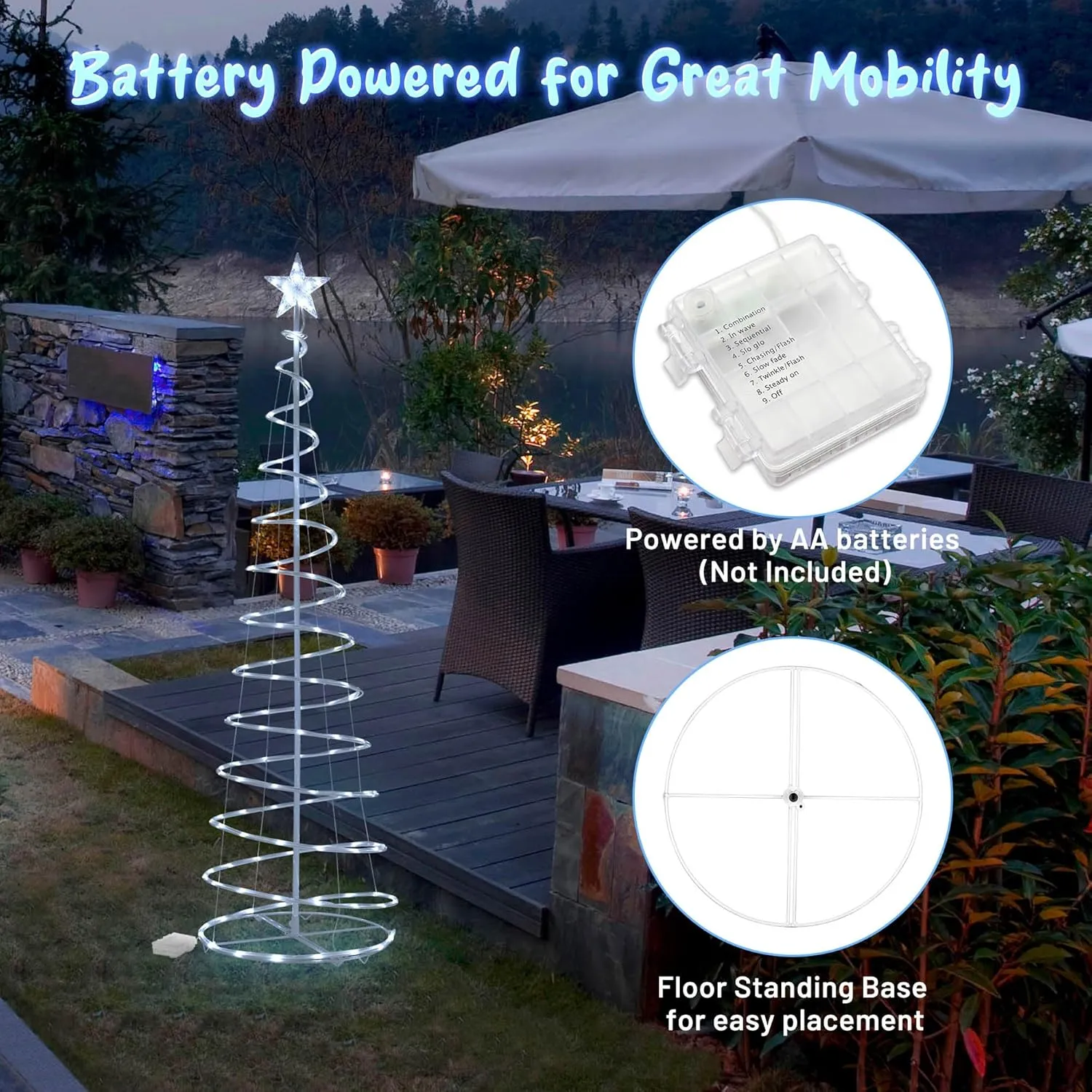 Yescom Twinkle 6Ft Spiral Christmas Tree Light 182 Pre-Lit LED 8 Model for Indoor Outdoor Patio Garden Pathway Holiday Party Event Xmas Night Decor Water Resistant with Star Topper Metal Stakes White