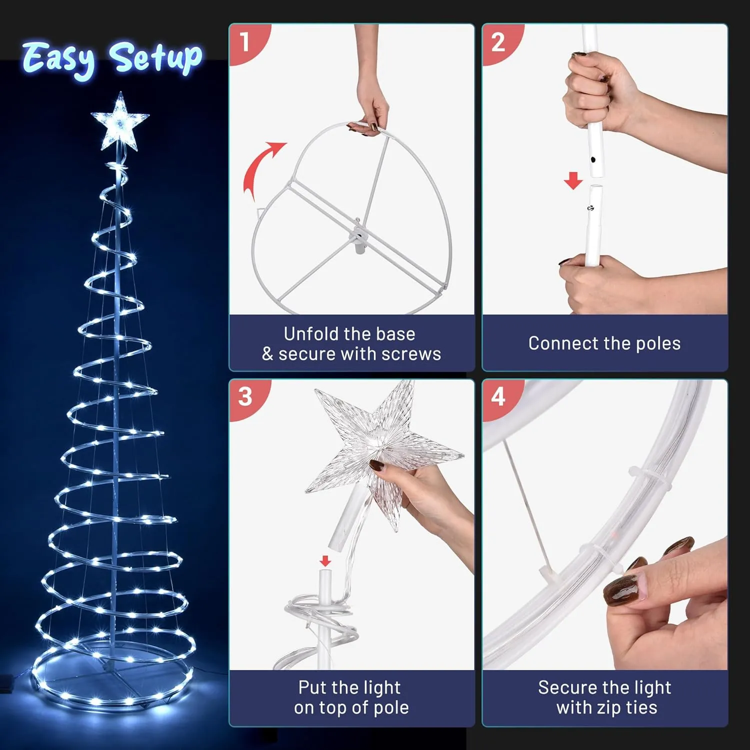 Yescom Twinkle 6Ft Spiral Christmas Tree Light 182 Pre-Lit LED 8 Model for Indoor Outdoor Patio Garden Pathway Holiday Party Event Xmas Night Decor Water Resistant with Star Topper Metal Stakes White