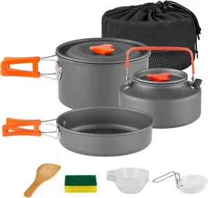 YETO Camping Cookware Set Hard-Anodized Aluminum Foldable Backpacking Camping Pots and Frying Pans Cooking Camp Kitchen Camping Mess Kit Eco-Friendly Cooker Set for 2-3 Persons,MediumGrey