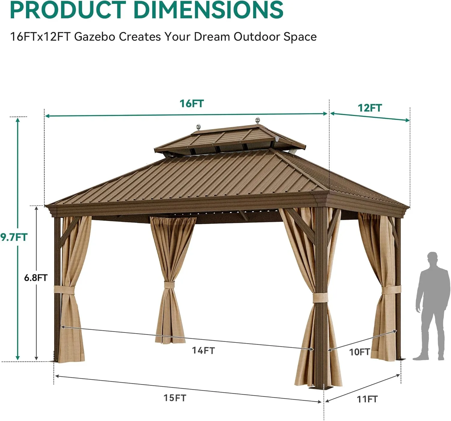 YITAHOME 12X16FT Metal Hard top Gazebo with Metal Steel Double Roof Canopy Galvanized Iron Aluminum Frame Garden Tent Curtains Netting for Patios Backyards Decks Lawns