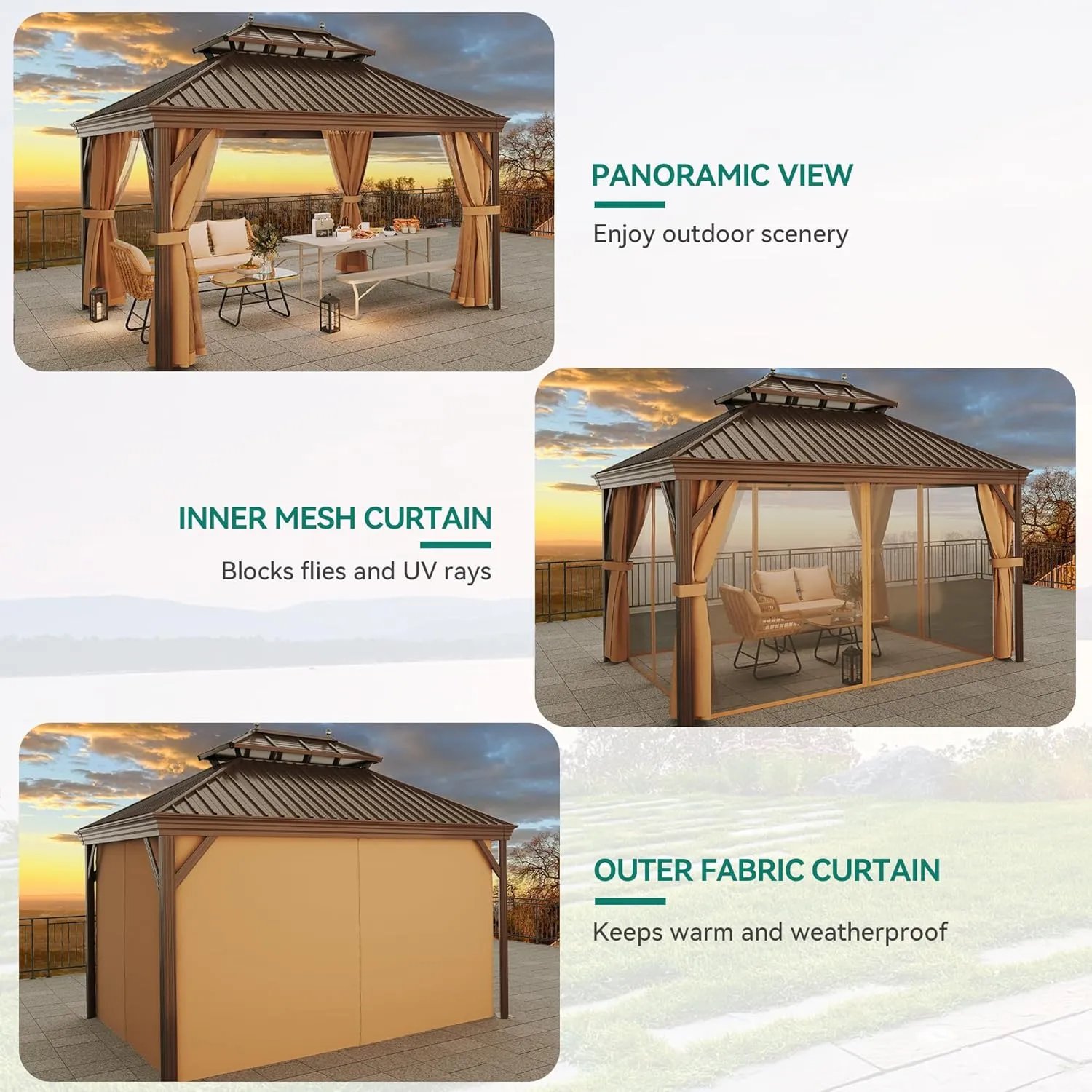 YITAHOME 12X16FT Metal Hard top Gazebo with Metal Steel Double Roof Canopy Galvanized Iron Aluminum Frame Garden Tent Curtains Netting for Patios Backyards Decks Lawns