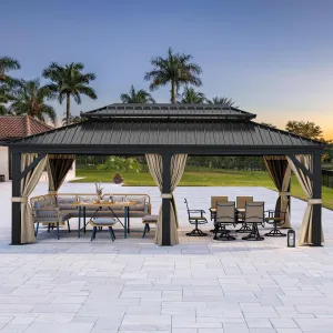 YITAHOME 12X20FT Hard Top Metal Gazebo Patios Double Roof Canopy Aluminum Frame Garden Gzebo Tent Curtains Netting for Patios Backyards Decks Lawns Brown