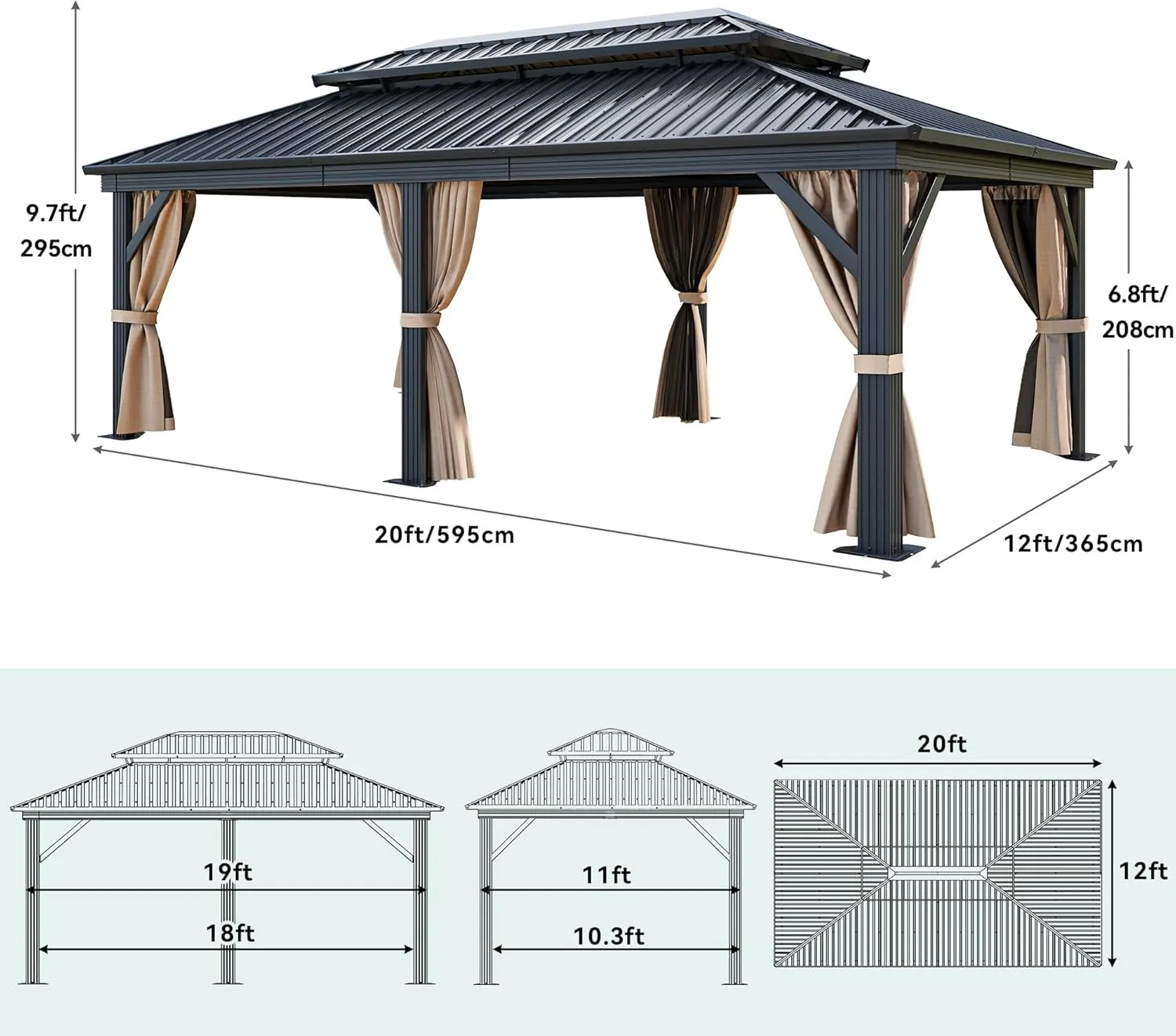 YITAHOME 12X20FT Hard Top Metal Gazebo Patios Double Roof Canopy Aluminum Frame Garden Gzebo Tent Curtains Netting for Patios Backyards Decks Lawns Brown