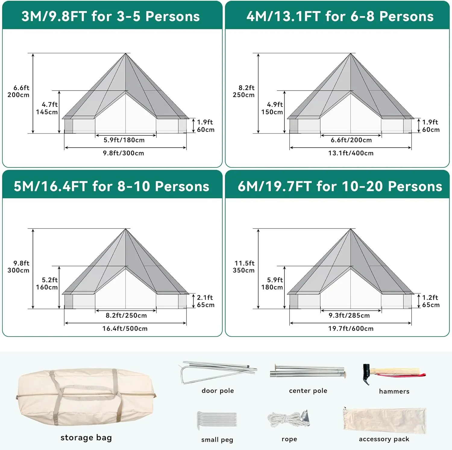 YITAHOME Canvas Bell Yurt Tents - 4 Season Waterproof Glamping Tents w/Stove Jack for Family Camping, Hunting, Parties - 13/16.4/20FT
