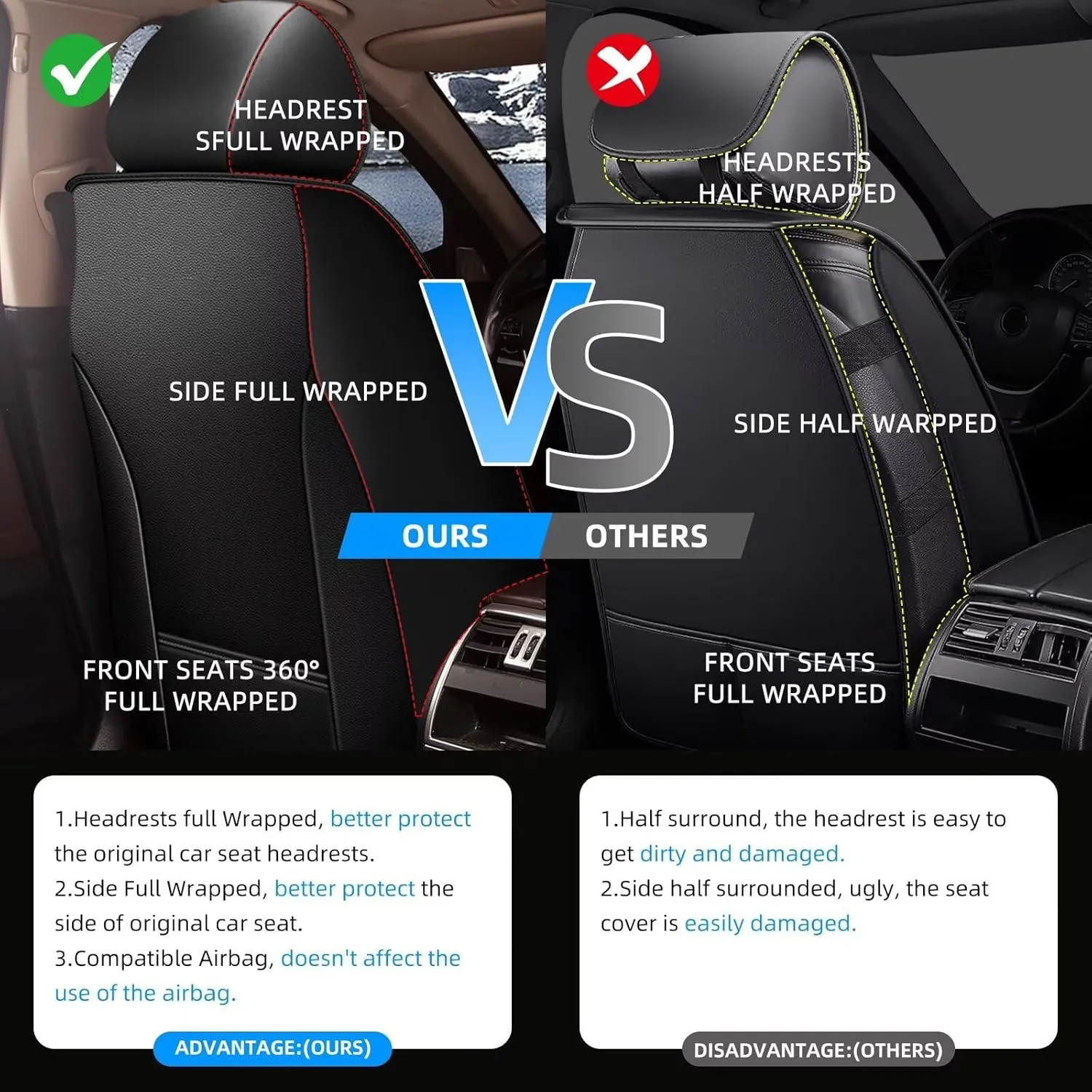 YORKNEIC 2 Front Car Seat Covers for Subaru Ascent 2019-2023 2024 2025 Faux Leather Waterproof Seat Covers Automotive Seat Protectors Cushions with Airbag Compatible(2 Front Seat,Black&Beige)