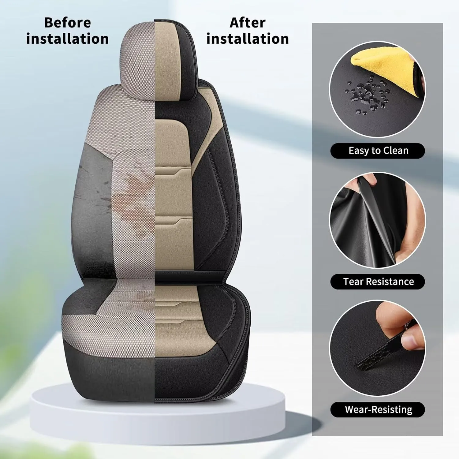 YORKNEIC 2 Front Car Seat Covers for Subaru Ascent 2019-2023 2024 2025 Faux Leather Waterproof Seat Covers Automotive Seat Protectors Cushions with Airbag Compatible(2 Front Seat,Black&Beige)
