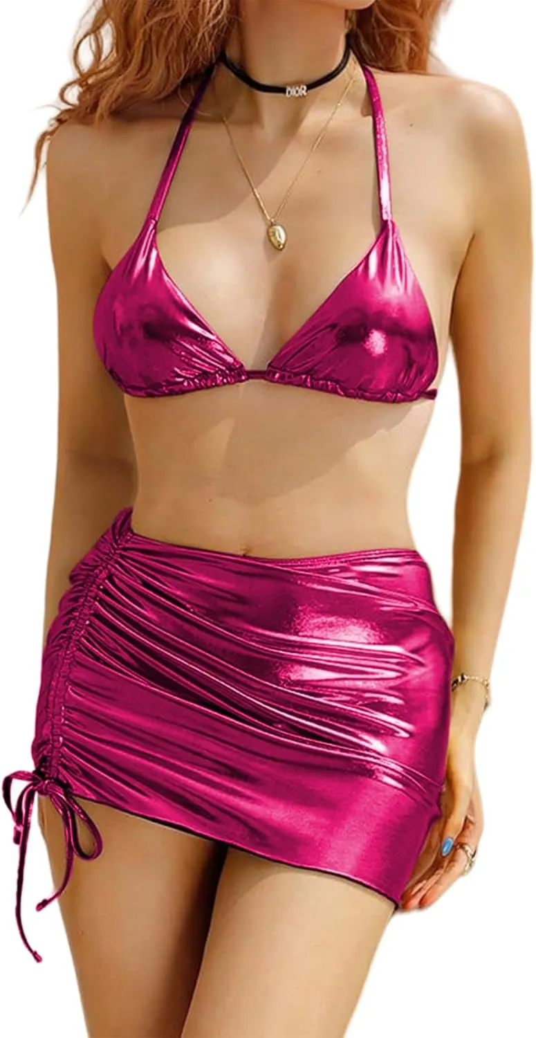 ZGMYC Women's 3 Piece Shiny Metallic Swimsuit Sexy Triangle Bikini Tie Side Thong Festival Outfit with Drawstring Mini Skirt