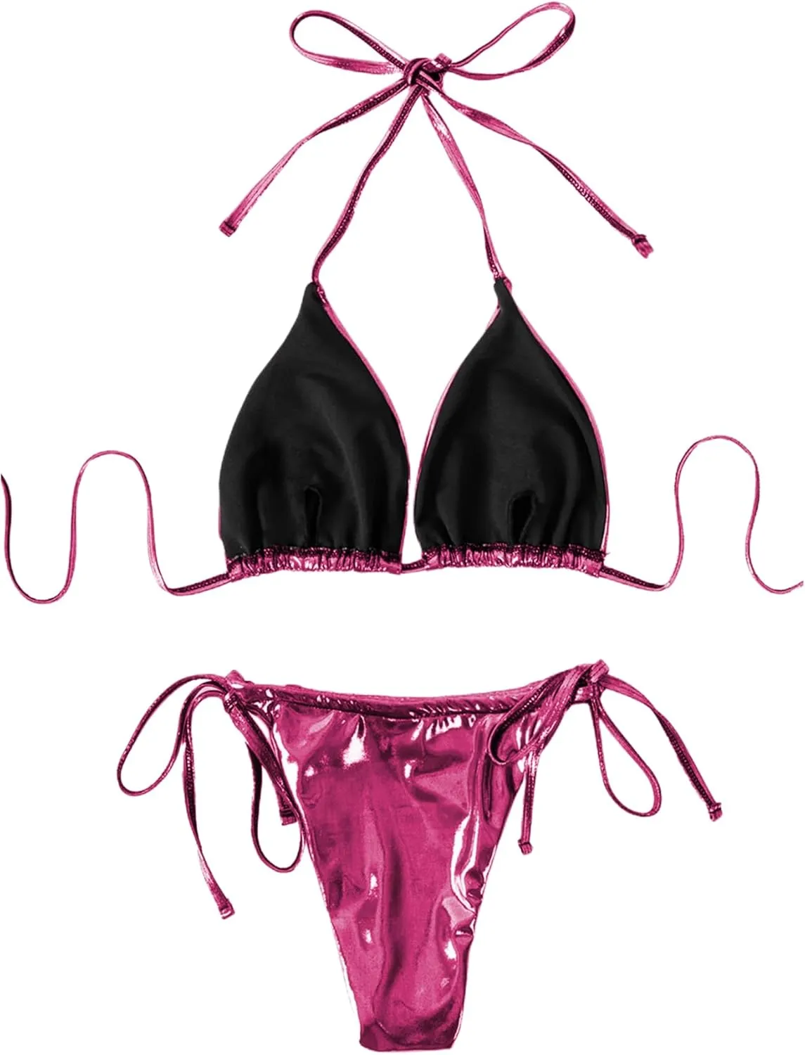 ZGMYC Women's 3 Piece Shiny Metallic Swimsuit Sexy Triangle Bikini Tie Side Thong Festival Outfit with Drawstring Mini Skirt