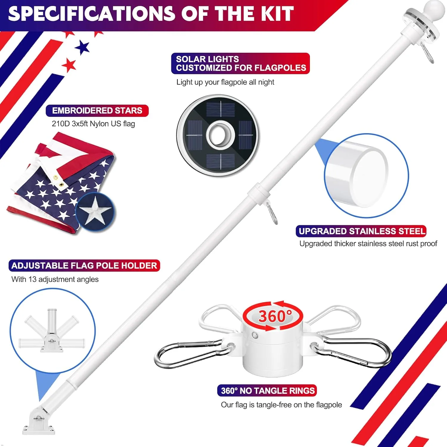 ZMTECH 5FT Flag Pole Kit with Solar Light and Proud American Flag, Adjustable Bracket and Upgraded Tangle-Free Ring 1" Stainless Steel Flagpole for Day and Night, Residential, Commercial, White