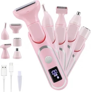 ZOOS Bikini Trimmer Electric Razors for Women 5 in 1 Nose Hair Trimmer Face Razors for Women, Waterproof Painless Womens Electric Shaver Rechargeable Lady Razor for Bikini Leg Arm Body Face, Pink