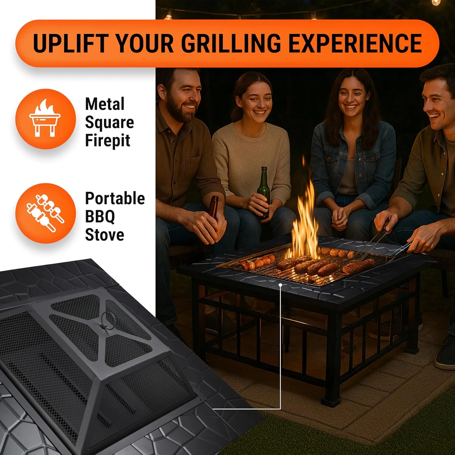 Zorestar 3 in 1 Metal Square Firepit (31.8"Dx31.8"Wx12.5"H-In) - Heavy-Duty & Portable BBQ Stove with Screen Cover & Poker - Wood Burning and Drink Cooling Fire Pit for Patio, Bonfire, Backyard, Deck